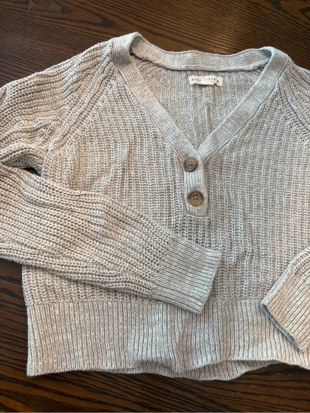 Aeropostale Light Gray V-Neck Cropped Sweater with Button Placket